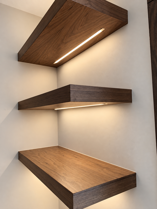Walnut LED Floating Shelves with Integrated Lighting