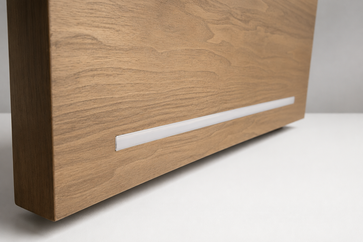 Walnut LED shelf showing seamless mitered edge