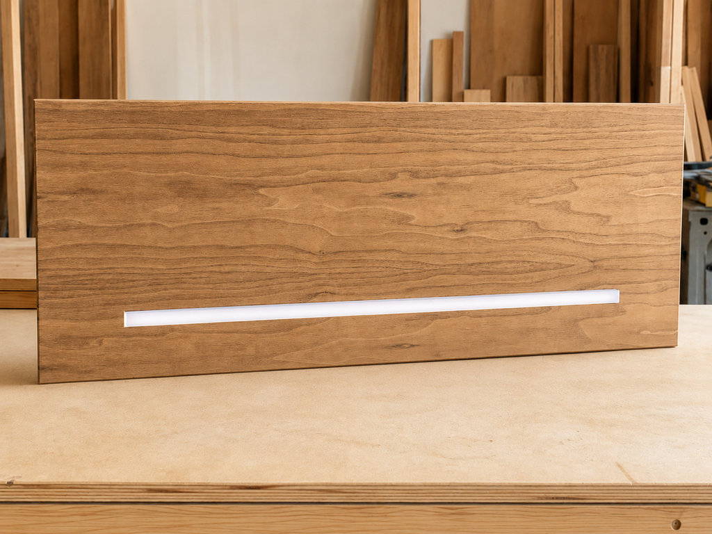 Custom walnut floating shelf with recessed LED lighting