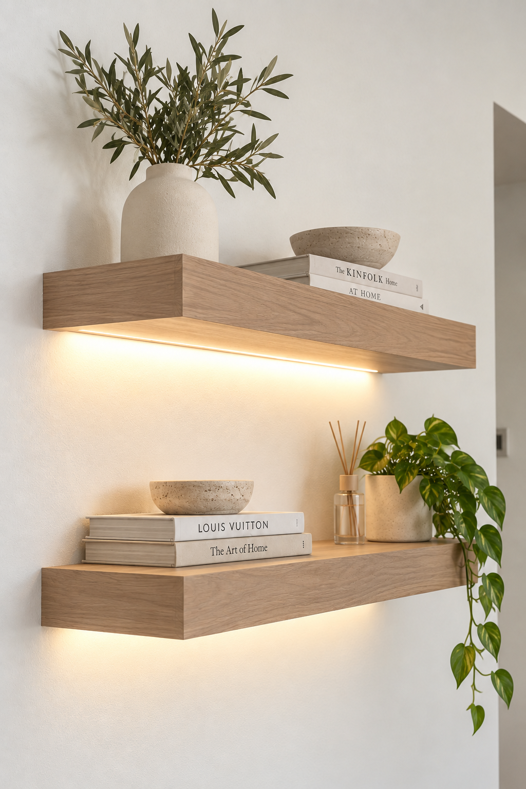 White Oak LED Floating Shelves with Integrated Lighting